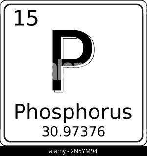 Grafica vettoriale in bianco e nero del simbolo dell'elemento fosforo (P) sulla tavola periodica degli elementi. Contiene anche il numero atomico e un Illustrazione Vettoriale