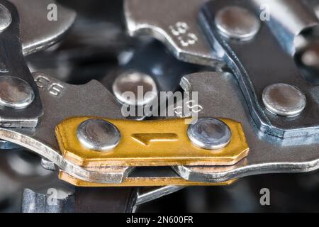 Primo piano della catena di taglio dalle maglie metalliche unite da rivetti per la barra di guida della motosega portatile. Dettaglio della parte in acciaio affilato dello strumento elettrico su sfondo sfocato. Foto Stock