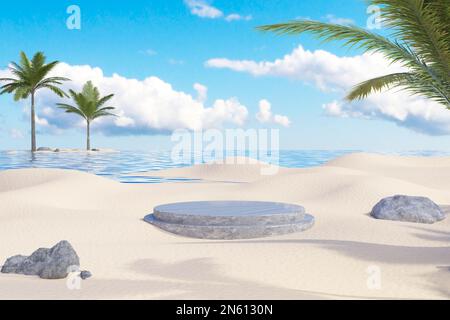 Un 3D ha reso l'illustrazione di un podio vuoto sulla spiaggia con le palme Foto Stock