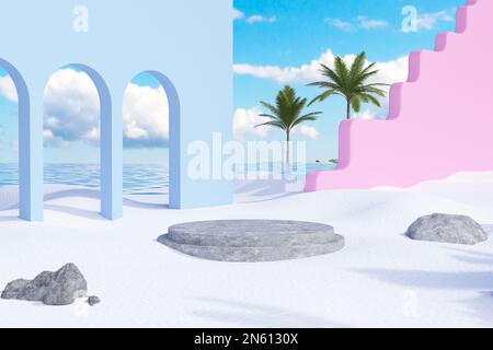 Un 3D ha reso l'illustrazione di un podio vuoto sulla spiaggia con le palme Foto Stock