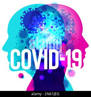 2 silhouette a figura posteriore sovrapposte con varie forme in coronavirus semitrasparente sovrapposte. La parola "COVID-19" è posizionata centralmente. Foto Stock