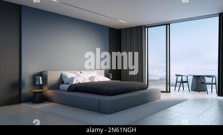 Camera da letto di lusso nera vista mare - 3D rendering Foto Stock