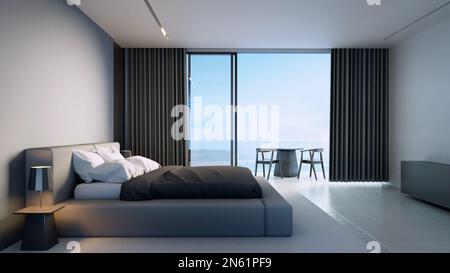 Camera da letto di lusso nera vista mare - 3D rendering Foto Stock