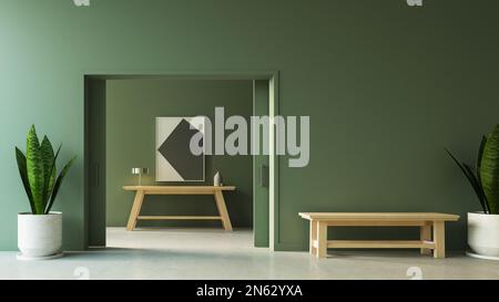 Atrio con pareti verdi, corridoio e lobby - 3D rendering Foto Stock