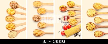 Collage di cucchiai di legno con diversi tipi di pasta su sfondo chiaro Foto Stock