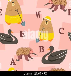 Imparare ABC, simpatici personaggi animali e lettere, alfabeto insegnamento. Cigno e orso con pala, fauna e biodiversità. Motivo senza cuciture, sfondo o Illustrazione Vettoriale