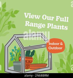 piante indoor e outdoor gamma, negozio o fioraio che offre assortimento di fiori e piante da casa. Serra con fogliame e botanica. Promozione Illustrazione Vettoriale