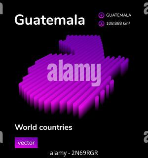 Guatemala mappa 3D. Neon stilizzato semplice digitale isometrico vettore a strisce Mappa del Guatemala è in colori viola su sfondo nero Illustrazione Vettoriale