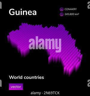 3D mappa della Guinea. La carta isometrica vettoriale a righe stilizzata della Guinea è in colori viola al neon su sfondo nero. Banner didattico Illustrazione Vettoriale