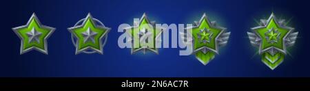 Set di cartoni animati di distintivi di gioco di diverso rango isolati su sfondo blu scuro. Illustrazione vettoriale di medaglie d'argento con stella verde gemma, te grigio metallo Illustrazione Vettoriale