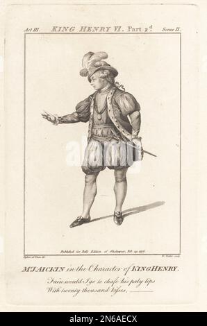 James Aickin nel personaggio di Re Enrico nel Re Enrico VI di William Shakespeare, parte 2. In cappello a pelo, cappotto erminato, pantaloni, manichetta, armato di una pinza. James Aickin, circa 1736-1803, attore irlandese che si esibì a Edimburgo e a Drury Lane, Londra. Aickin non ha giocato questo ruolo a Drury Lane, ma ha giocato Henry VI in Richard III di Colley Ciber Incisione su copperplate di William Walker dopo un ritratto di Robert Dighton dall'edizione di John Bell di Shakespeare, Londra, 29th febbraio 1776. Foto Stock