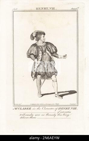 Clarke nel personaggio di Enrico VIII in Enrico VIII di William Shakespeare, Covent Garden Theatre, 2 novembre 1772. In berretto, con rivestimento erminato, doppietto, pantaloni e manichetta, con pinza, tenendo un anello. Matthew Clarke, morto nel 1786, ha suonato al Covent Garden per oltre 30 anni. Incisione su copperplate di Charles Grignion dopo un ritratto di James Roberts dall'edizione di John Bell di Shakespeare, Londra, 1 gennaio 1776. Foto Stock