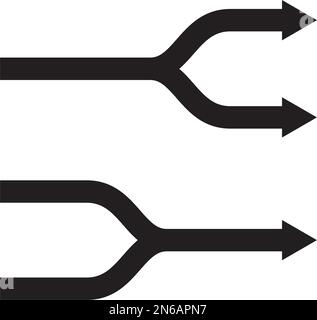 Una freccia biforcata nera e una freccia che rappresenta un legame. Una freccia che rappresenta una forca sulla strada o una strada che si unisce. Illustrazione Vettoriale