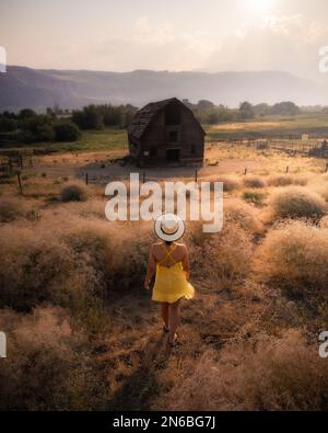 ragazza che guarda un fienile abbandonato nella valle Foto Stock