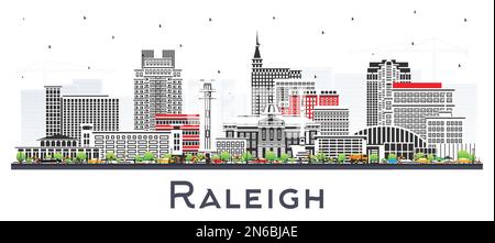 Raleigh North Carolina City Skyline con edifici di colore isolati su bianco. Illustrazione vettoriale. Paesaggio urbano di Raleigh con punti di riferimento. Illustrazione Vettoriale