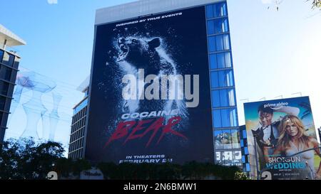 Los Angeles, California, USA 9th Febbraio 2023 Una visione generale dell'atmosfera di Cocaine Bear Billboard il 9 Febbraio 2023 a Los Angeles, California, USA. Foto di Barry King/Alamy Stock Photo Foto Stock