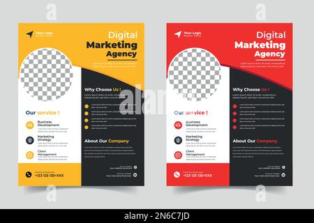 Set di modelli per volantini aziendali di colore blu, arancione, rosso e giallo. marketing, proposta commerciale, promozione, pubblicità, pubblicazione Illustrazione Vettoriale