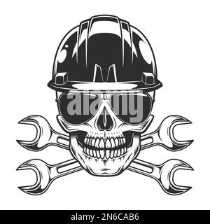Cranio monocromatico vintage in occhiali da sole e casco da cantiere con chiavi incrociate, illustrazione vettoriale isolata Illustrazione Vettoriale