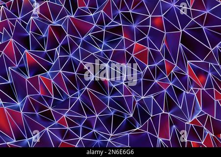 Rendering 3D. Motivo rosso e viola di triangoli di forme diverse. Modello minimalista di forme semplici, simile alle cime delle montagne. Luminoso Foto Stock
