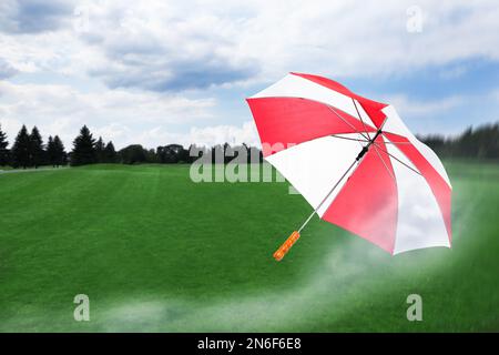 Ombrello aperto soffiato da vento busto all'aperto Foto Stock