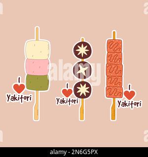 Adesivi tradizionali giapponesi. Spiedini asiatici yakitori con funghi, uova, gamberi. Ilstrazione vettoriale Illustrazione Vettoriale