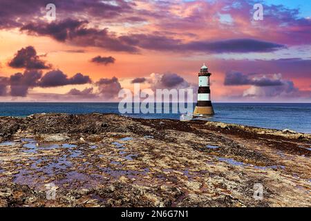 Trwyn Du Lighthouse sulla costa rocciosa, Penmon Lighthouse, cielo serale, Black Point, Isola di Anglesey, Galles, Regno Unito Foto Stock