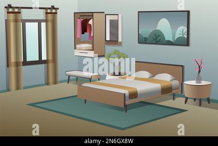 Camera da letto con letto, armadio, specchio e comodino Foto Stock