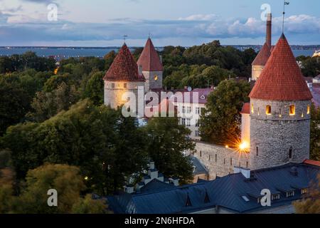Vista delle torri delle fortificazioni della città dalla Città alta, Tallinn, Estonia Foto Stock