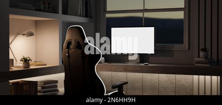Moderna stazione di gioco a casa di notte con moderno computer PC schermo vuoto mockup, tastiera da gioco, sedia da gioco e arredamento. rappresentazione 3d, illustrazione 3d Foto Stock
