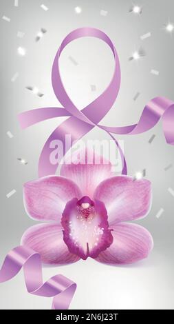 banner di congratulazioni con un fiore di orchidea viola e un nastro di raso a forma di otto su sfondo chiaro Illustrazione Vettoriale