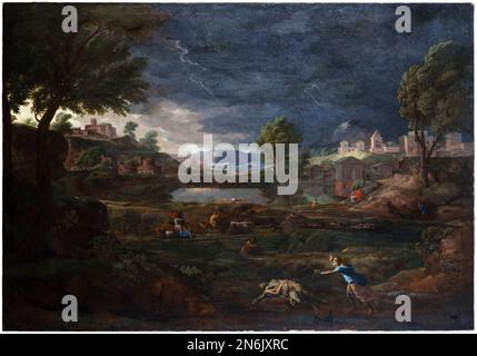 Nicolas Poussin, Paesaggio durante un temporale con Pyramus e Thisbe, pittura in olio su tela, 1651 Foto Stock