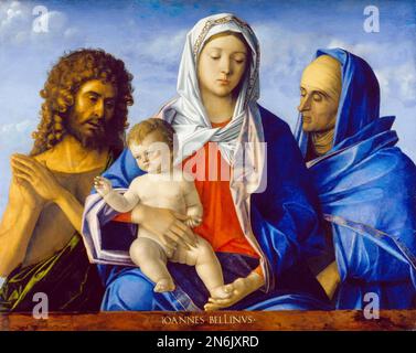 Madonna col Bambino con San Giovanni Battista e Santa Elisabetta, pittura in misto su legno di pioppo di Giovanni Bellini e bottega, 1490-1500 Foto Stock