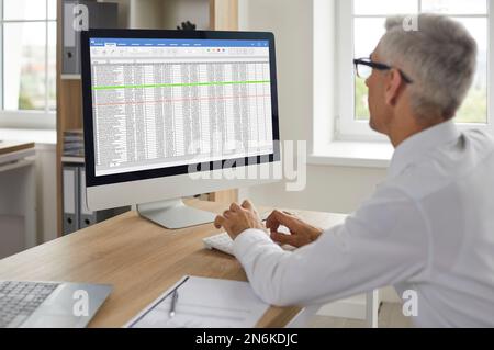 Contabile che lavora in ufficio e utilizza i fogli di calcolo aziendali sul computer Foto Stock