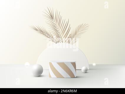 3D plateau cilindrico a podio bianco di lusso realistico con righe a spirale dorate con sfondo a semicerchio bianco decorazione sfera sfera e pa Illustrazione Vettoriale