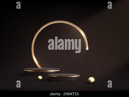 3D piedistallo da podio nero e oro in stile lussuoso realistico con sfondo a cerchio dorato con sfera dorata e illuminazione sul retro della scena scura Illustrazione Vettoriale