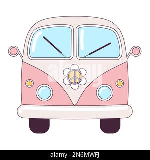 Hippie auto rosa vintage un mini van retrò bus 1960s, 60s, 70s. Groovy elemento cartoon psichedelico - illustrazione funky in stile hippie. Vettore piatto Illustrazione Vettoriale