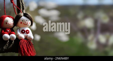 Bambole tradizionali di martenitsa in filato rosso e bianco. Bambole maschili e femminili chiamate Pizho e Penda. Marzo 1st . Baba Marta Day Foto Stock