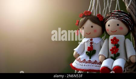 Bambole tradizionali di martenitsa in filato rosso e bianco. Bambole maschili e femminili chiamate Pizho e Penda. Marzo 1st . Baba Marta Day primavera concetto Foto Stock
