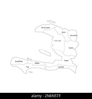 Haiti carta politica delle divisioni amministrative - dipartimenti. Mappa di stile doodle disegnata a mano con bordi di contorno neri ed etichette di nome. Illustrazione Vettoriale