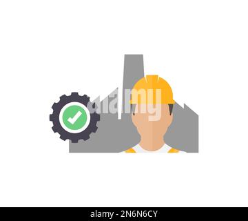 Industria pesante, ingegneria, ingegnere, design del logo dell'industria edile. Fabbrica, simbolo di produzione. Uomo controllo qualità, manutenzione, controllo. Illustrazione Vettoriale