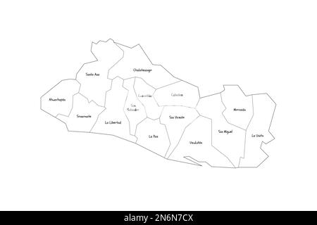 El Salvador carta politica delle divisioni amministrative - dipartimenti. Mappa di stile doodle disegnata a mano con bordi di contorno neri ed etichette di nome. Illustrazione Vettoriale