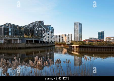 Nuovi appartamenti sul fiume Lea a Bromley-by-Bow, East London UK, visti da Three Mills Island Foto Stock