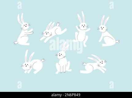 Coniglietto di Pasqua alla moda. Personaggi per le vacanze minimalisti, conigli stilizzati, illustrazioni vettoriali per stampe o biglietti d'auguri Illustrazione Vettoriale