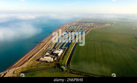 Veduta aerea del vivaio di molluschi Sealter, Reculver, Herne Bay, Thanet Foto Stock