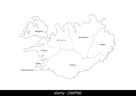 Islanda carta politica delle divisioni amministrative - regioni. Mappa di stile doodle disegnata a mano con bordi di contorno neri ed etichette di nome. Illustrazione Vettoriale