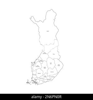 Finlandia carta politica delle divisioni amministrative - regioni e una regione autonoma di Aland. Mappa di stile doodle disegnata a mano con bordi di contorno neri ed etichette di nome. Illustrazione Vettoriale