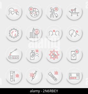 Set icone linea coronavirus, collezione COVID-19, grafica vettoriale, pulsanti UX UI neumorphic, icone vettore coronavirus, segni 2019-ncov, pittogrammi di contorno, tratto modificabile Illustrazione Vettoriale