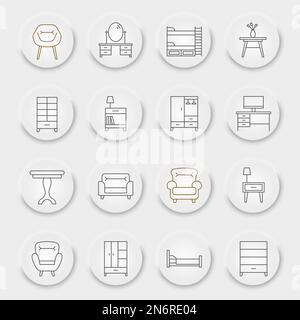 Set di icone linea mobili, collezione home room, grafica vettoriale, pulsanti UI UX neumorfici, icone vettoriali mobili, insegne interne, pittogrammi di contorno, tratto modificabile Illustrazione Vettoriale