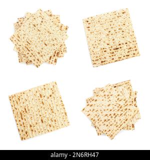 Impostato con Passtover matzos su sfondo bianco, vista dall'alto. Festa di Pesach Foto Stock