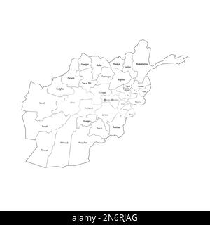 Afghanistan mappa politica delle divisioni amministrative - province. Mappa di stile doodle disegnata a mano con bordi di contorno neri ed etichette di nome. Illustrazione Vettoriale